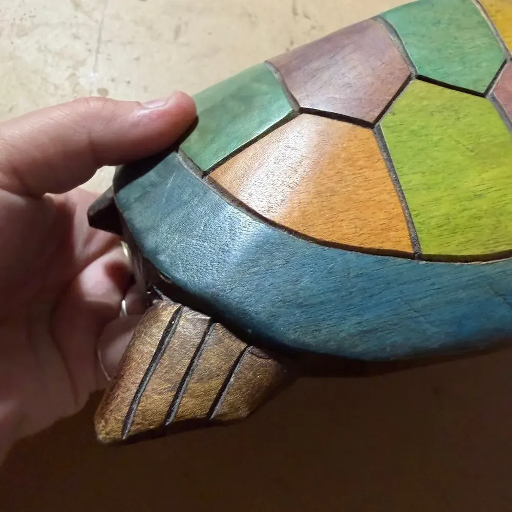 Hand Carved Wood Turtle Figurine Colorful Mosaic Shell Sculpture Folk Art Decor